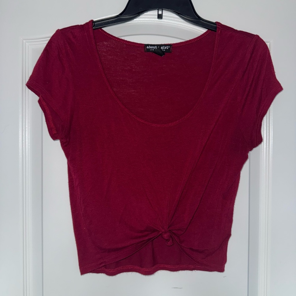 About A Girl Red Crop Tie Front T-Shirt